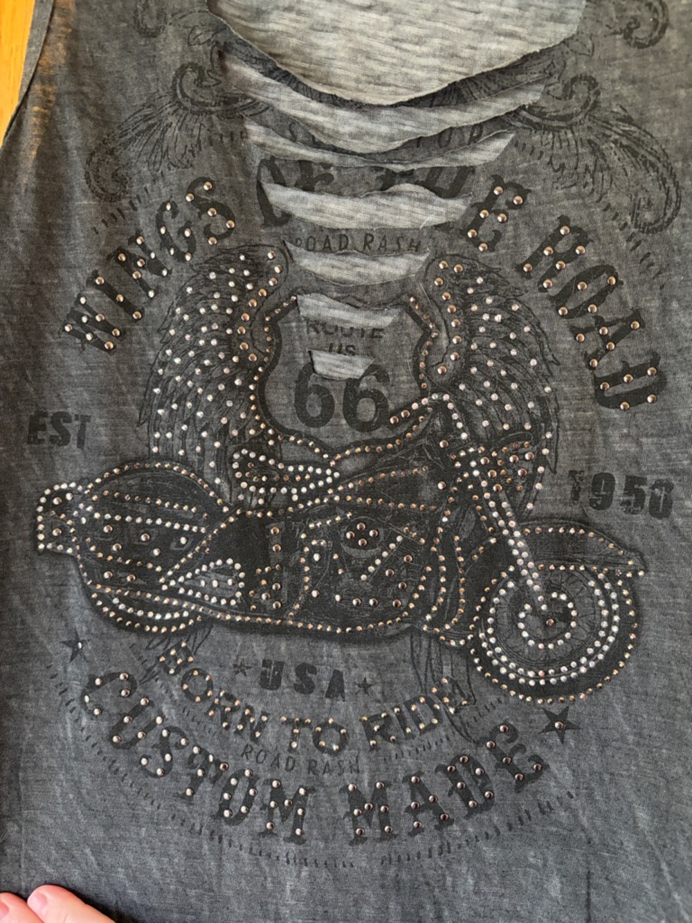 NEW Vocal USA motorcycle studded Route 66 biker sleeveless tee SMALL gray black